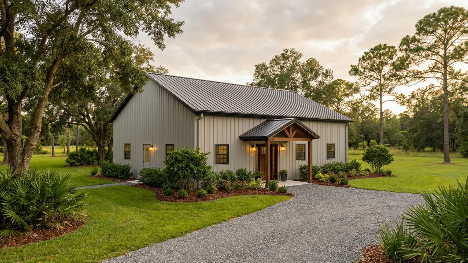 A compact 30x40 barndominium sized like a starter home or cabin, with a covered entry porch and no large shop bay.