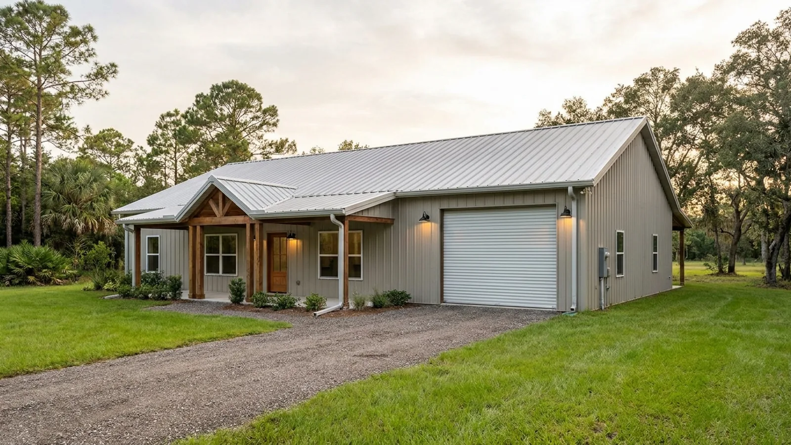 A completed 40x60 barndominium showing a residential entry on one end and a wide shop door on the other under one continuous roof.