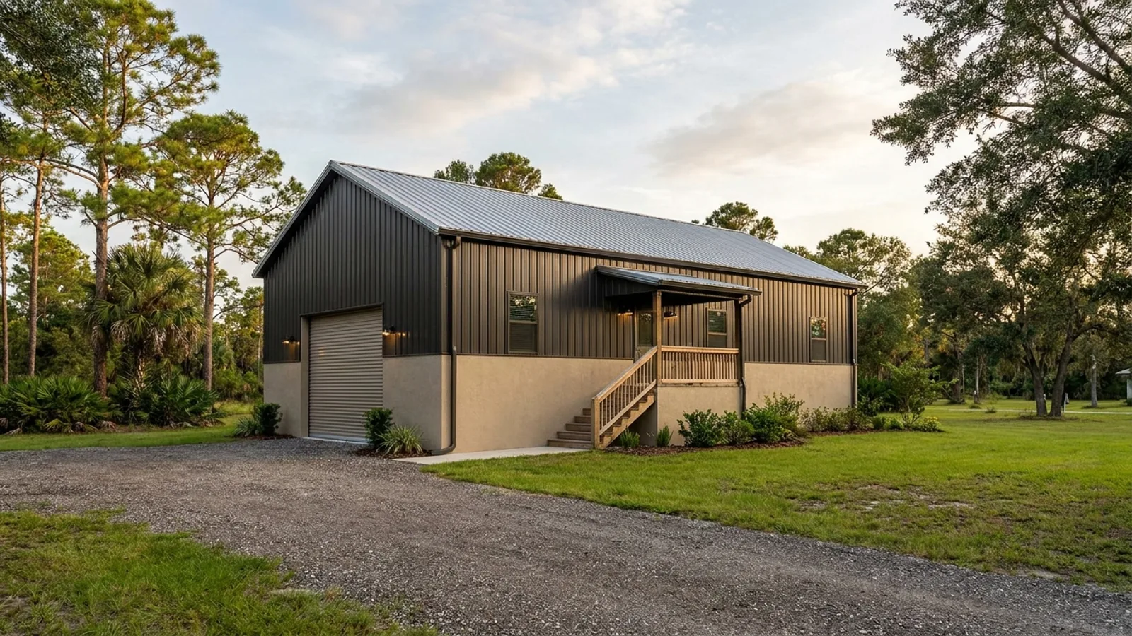 A barndominium raised on a stem-wall foundation with steps up to the entry and enclosed storage space beneath the elevated floor.
