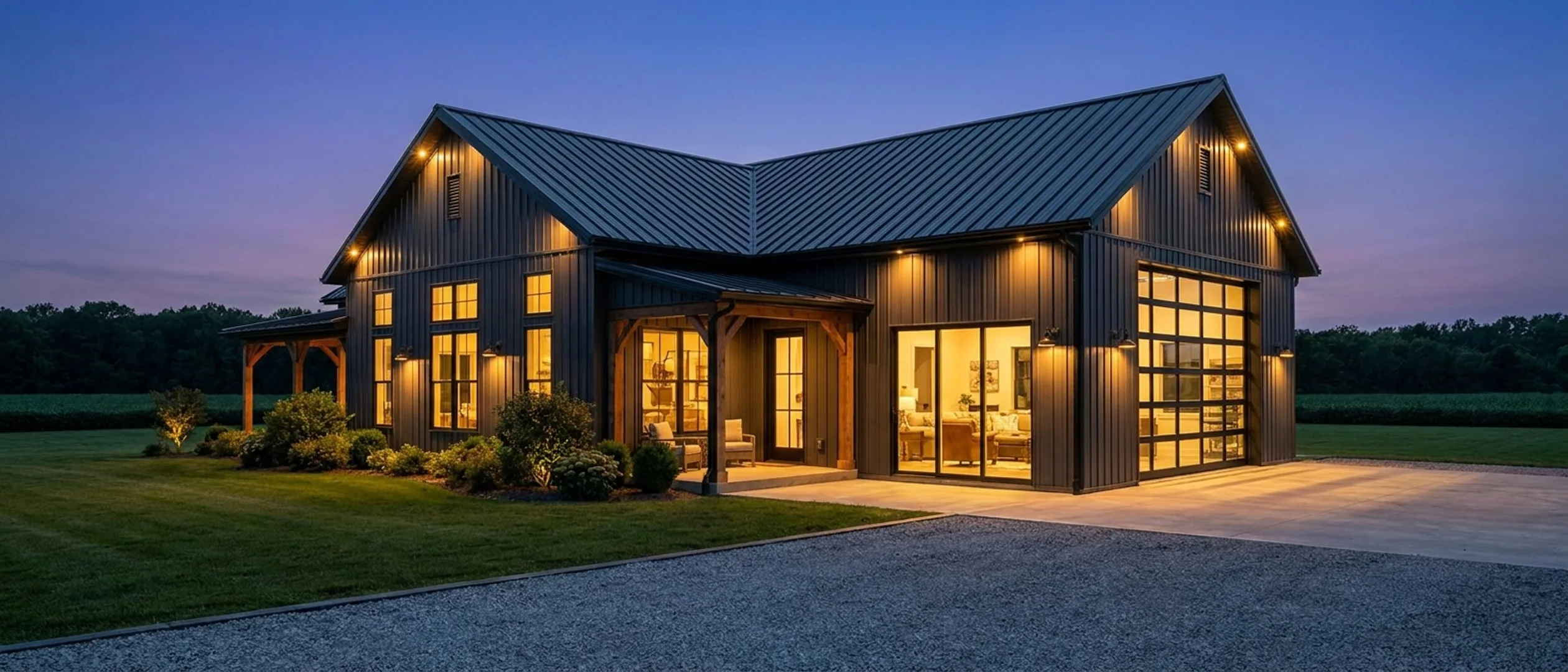A barndominium at dusk with warm light glowing from every window and exterior lighting along the porch and roofline against a deep blue twilight sky.