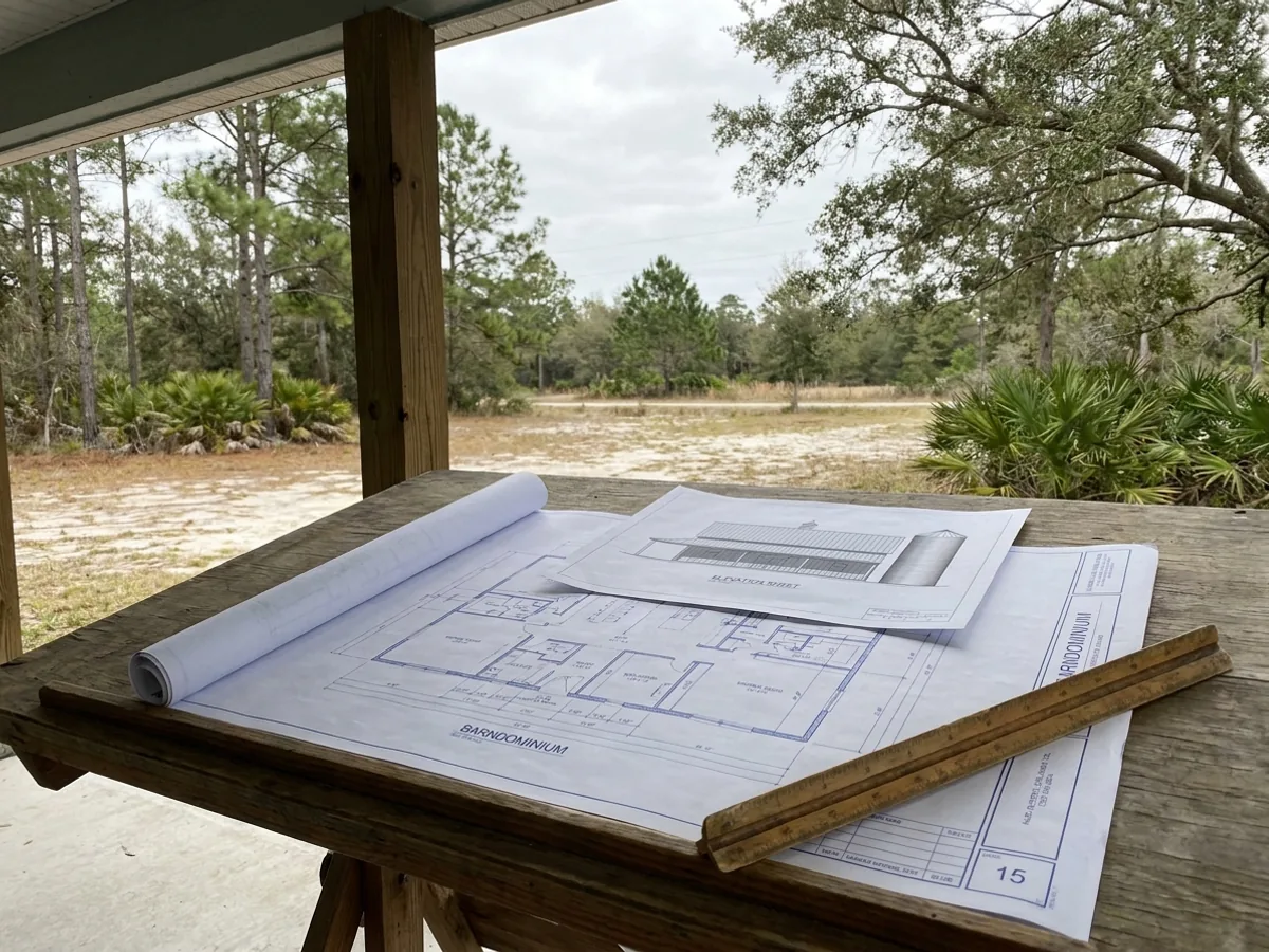Barndominium floor plan and elevation drawings laid out on a drafting table with a scale rule.