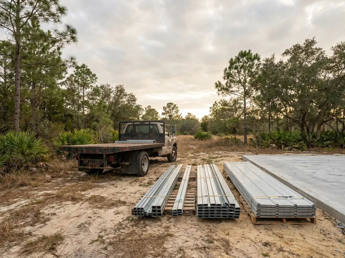 A flatbed truck delivering banded steel frame members and stacked metal roof panels to a building site beside a finished concrete slab.