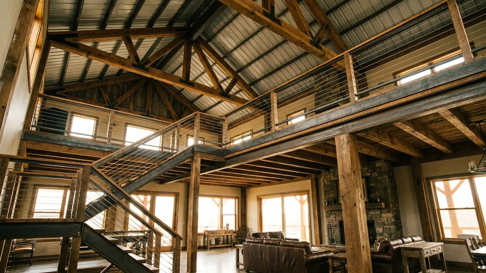 A barndominium great room with an open loft level and railing built over part of the room, reached by an open staircase.
