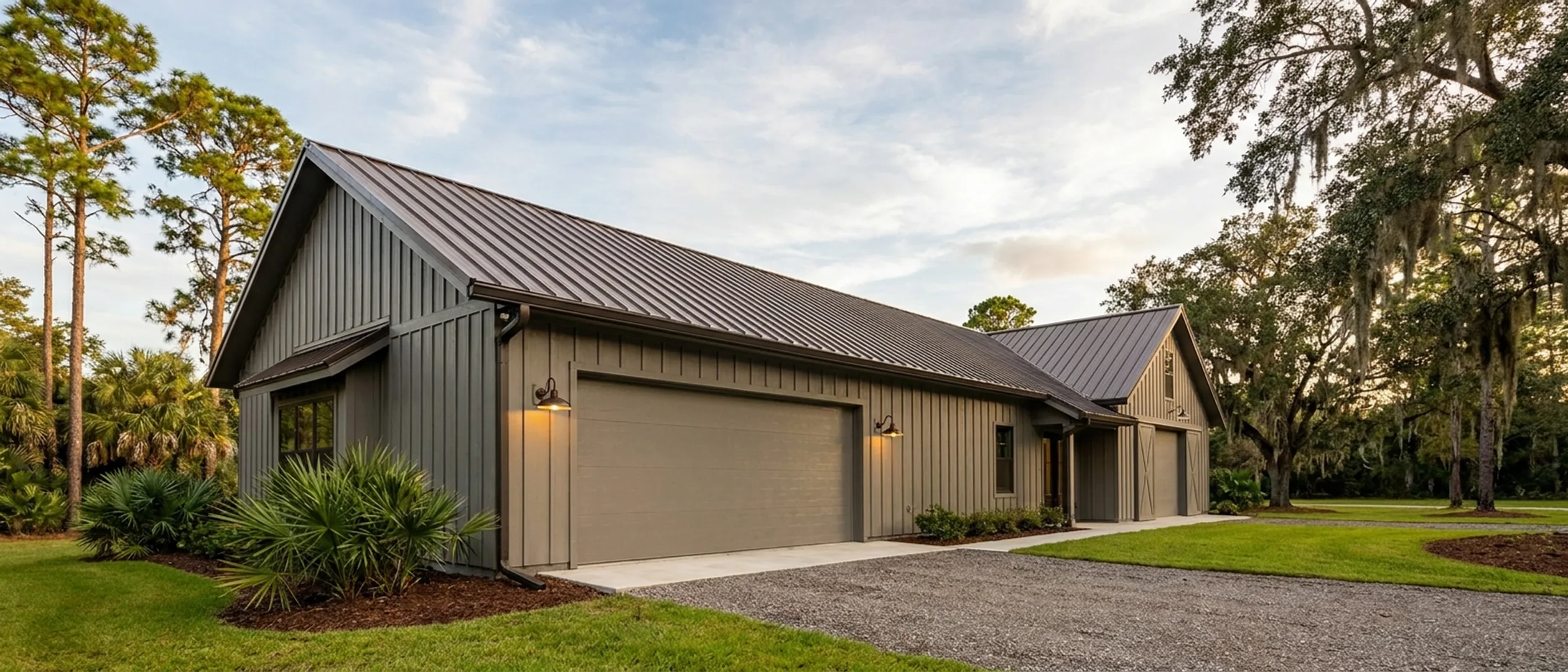 A completed barndominium viewed from a low angle showing its standing seam metal roof, vertical wall panels, gutters and exterior wall lights.