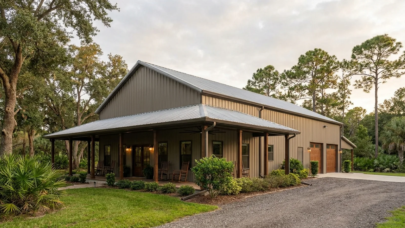 A barndominium exterior showing a deep wrap-around covered porch with posts and railing along two sides of the building.