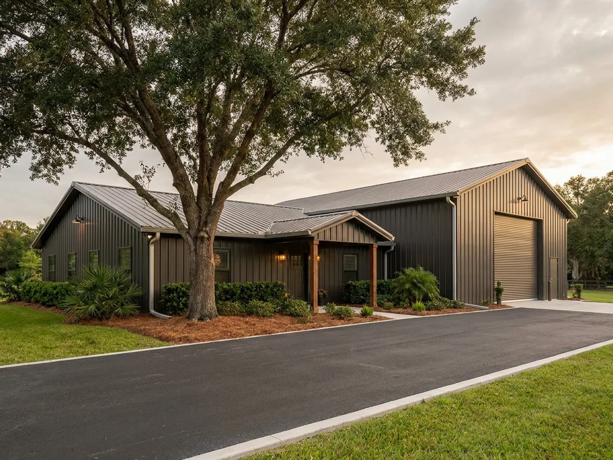 A completed barndominium home viewed from the front corner, with finished landscaping, a covered entry porch and an attached shop bay.