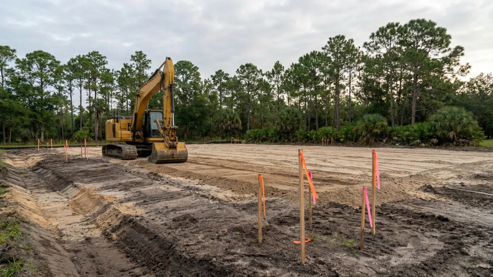 An excavator grading a compacted building pad on a cleared lot, with survey stakes and a drainage swale visible.