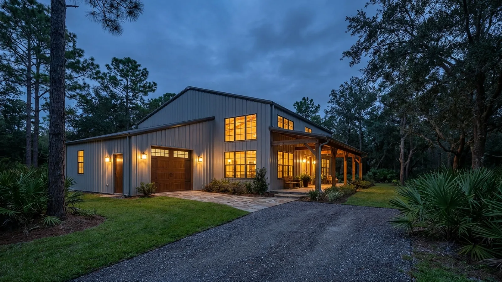 A finished barndominium at dusk with warm interior lighting glowing through its large windows.