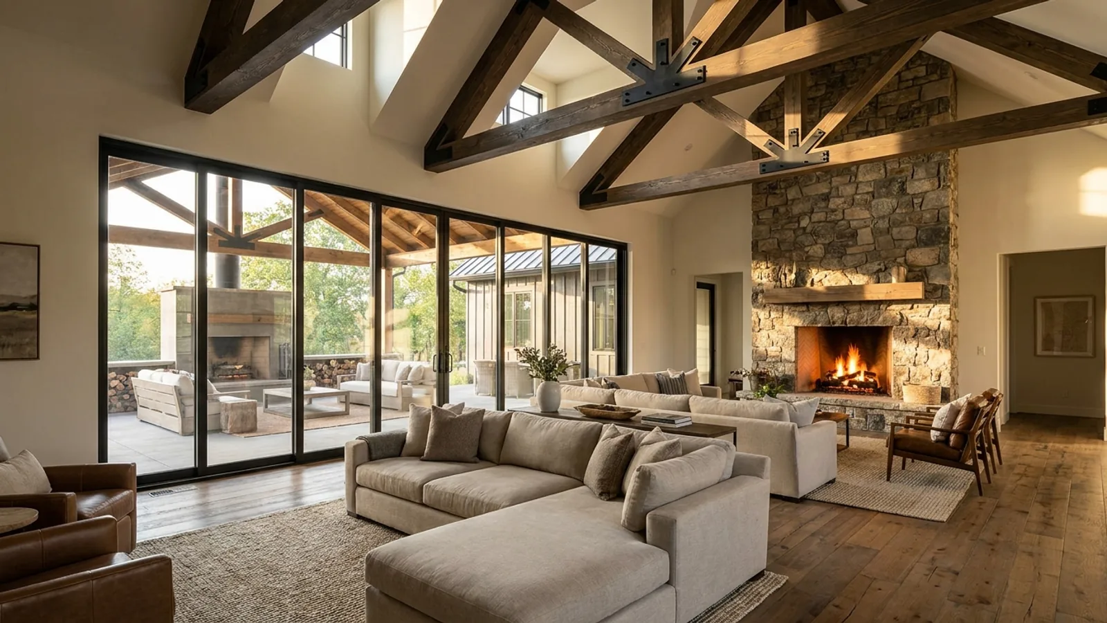 A vaulted barndominium great room with exposed wood trusses, a wall of glazed sliding doors, and a stone-clad fireplace.