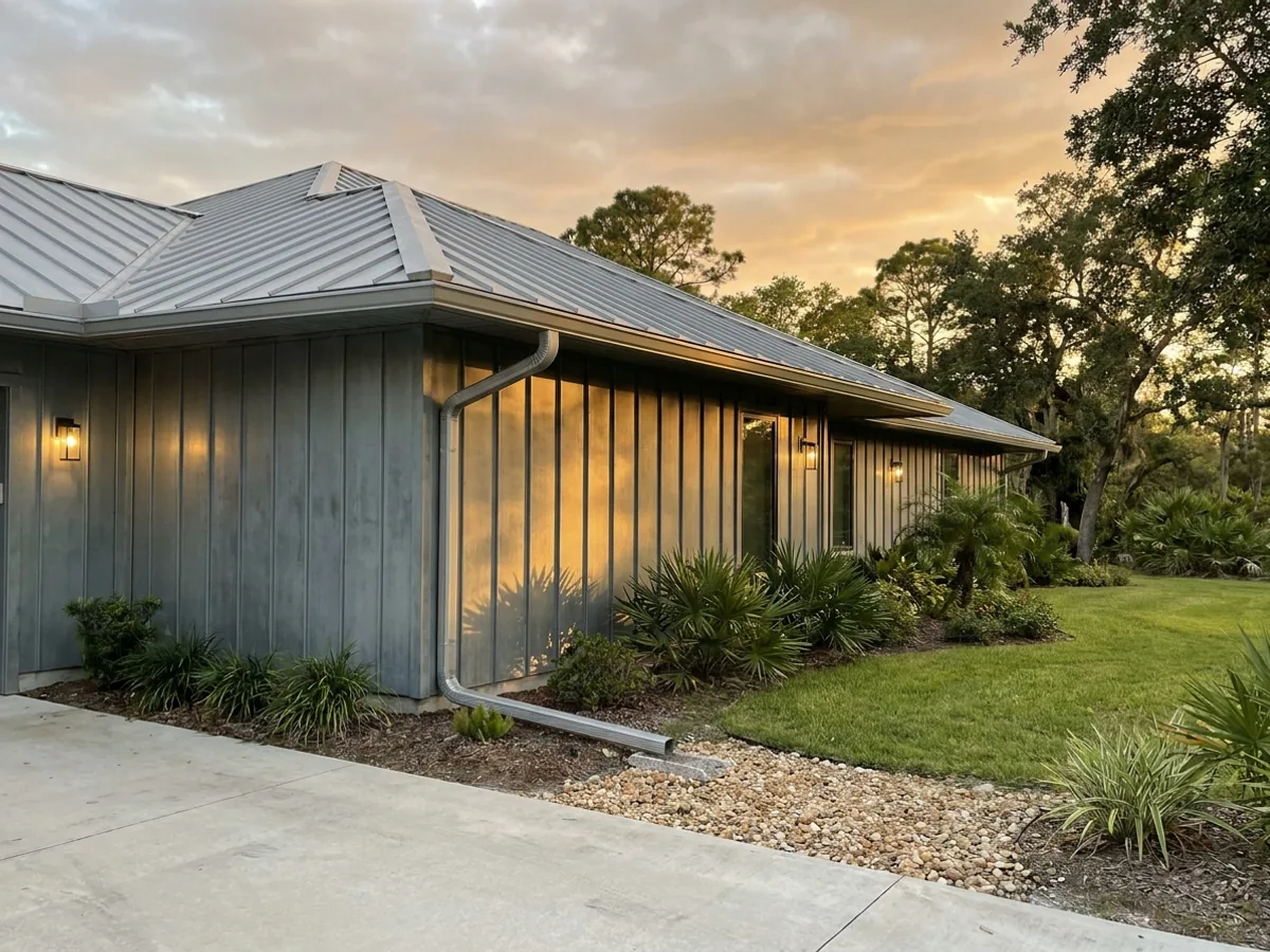 Exterior detail of a metal-clad home showing standing seam roofing, vertical wall panels, and a downspout discharging away from the wall.