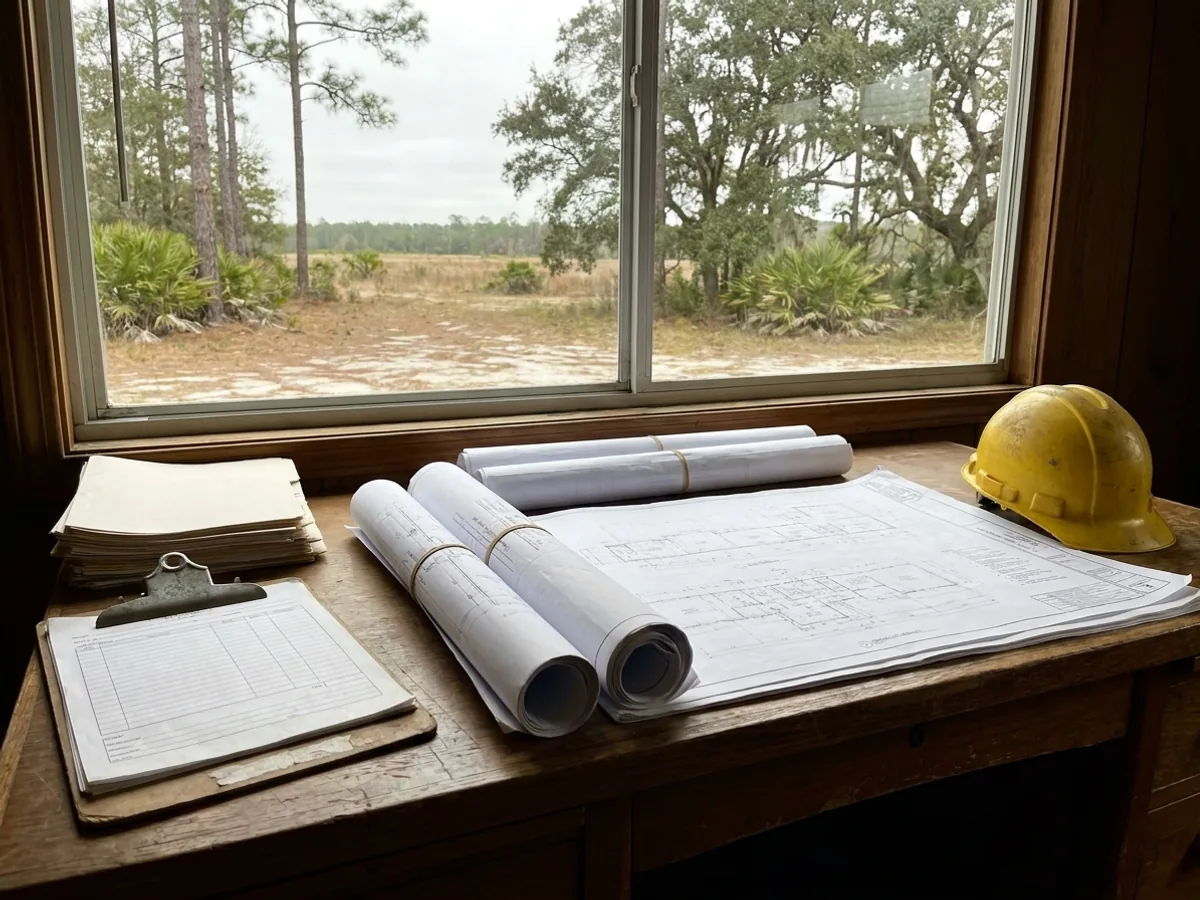 A building permit submittal package on a desk with rolled construction drawings, forms on a clipboard, and a hard hat.