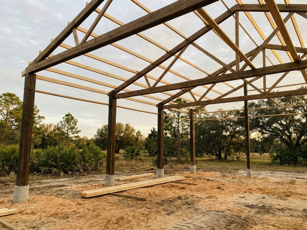 A post-frame home under construction, showing laminated timber columns on concrete piers and wide-span roof trusses with no interior bearing walls.