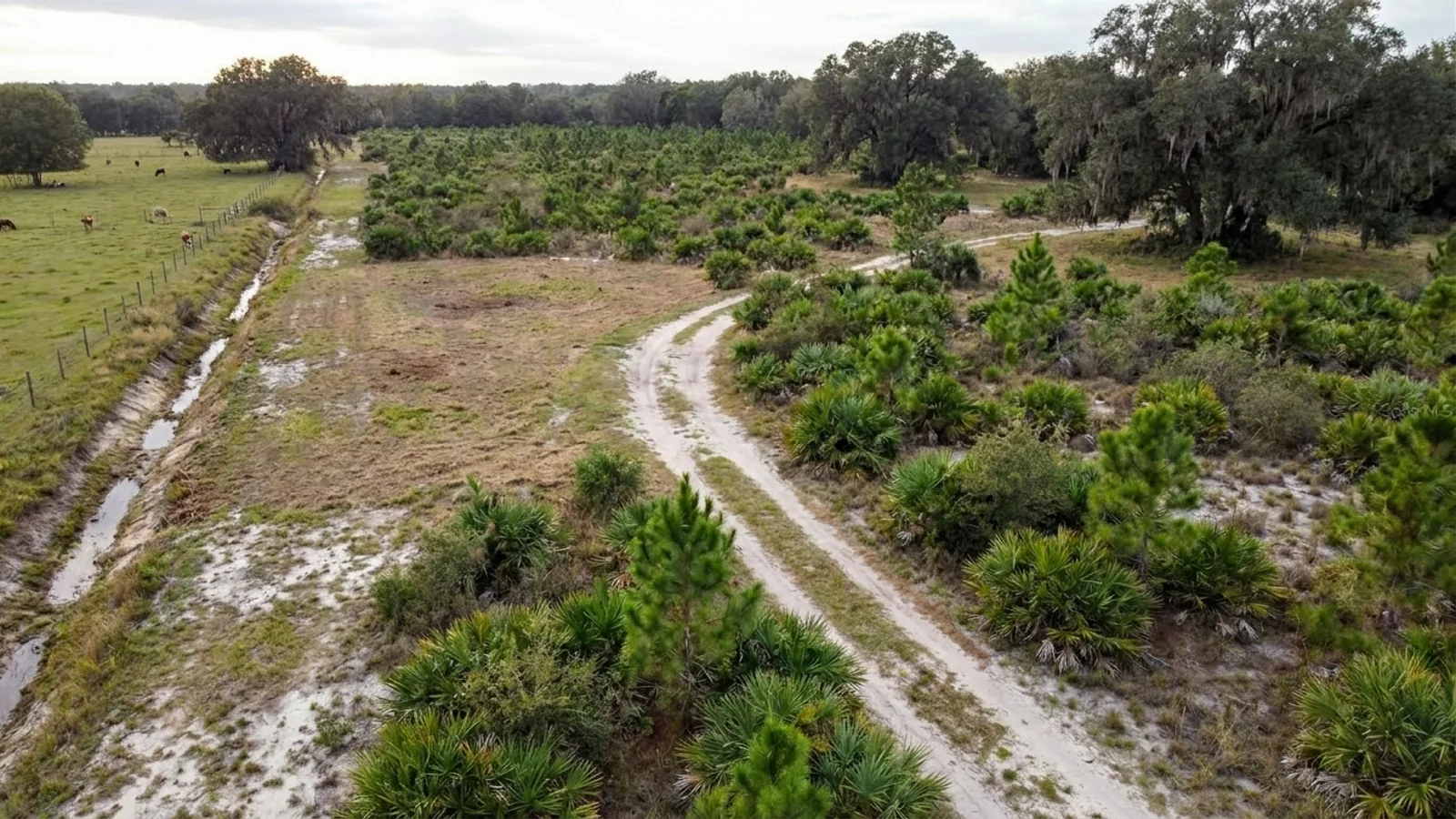 Aerial view of an undeveloped rural Florida lot with cleared grass, pine scrub and a sandy access track.