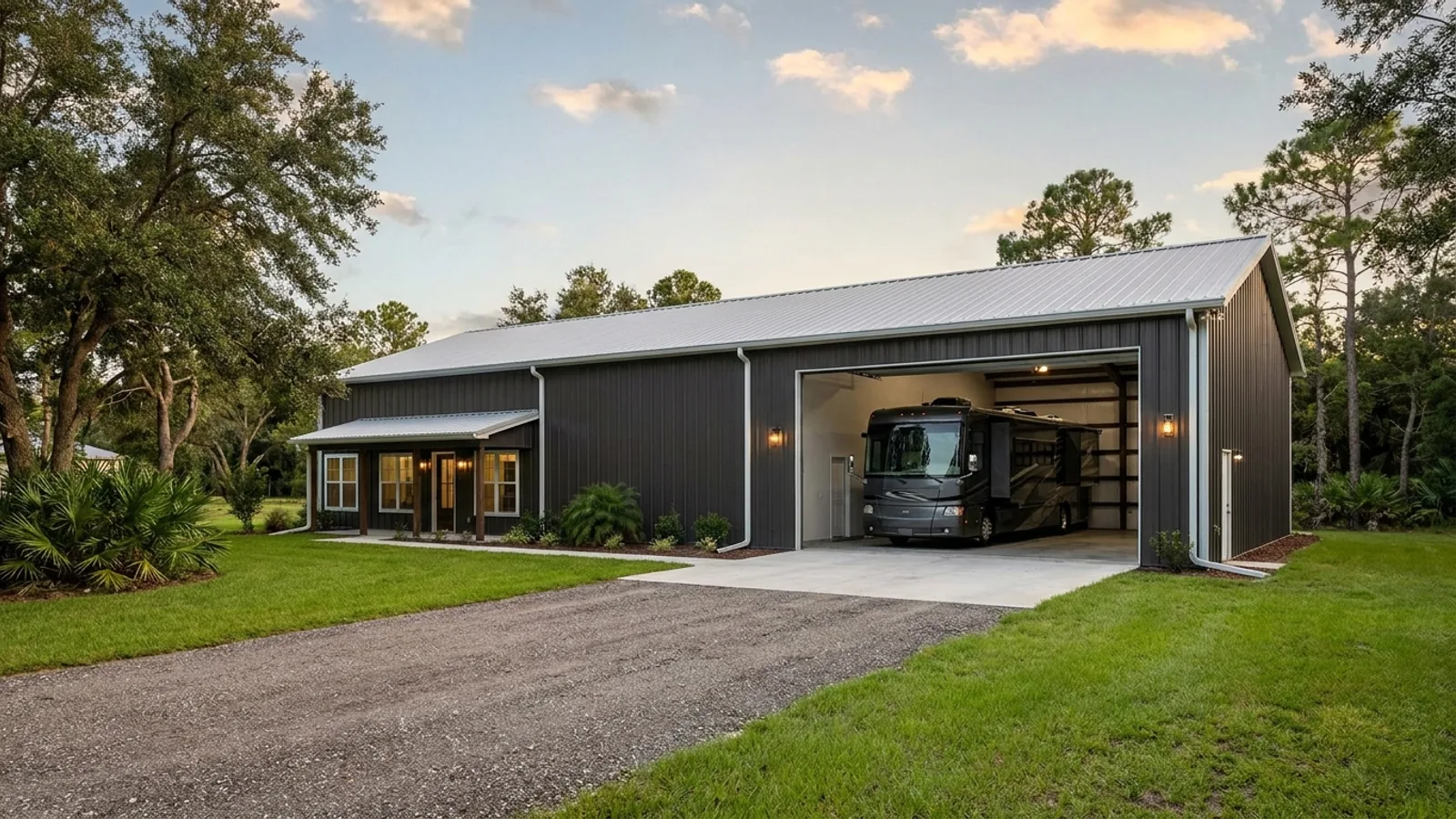A barndominium with a tall, deep RV garage bay attached to the residence under one continuous roof.
