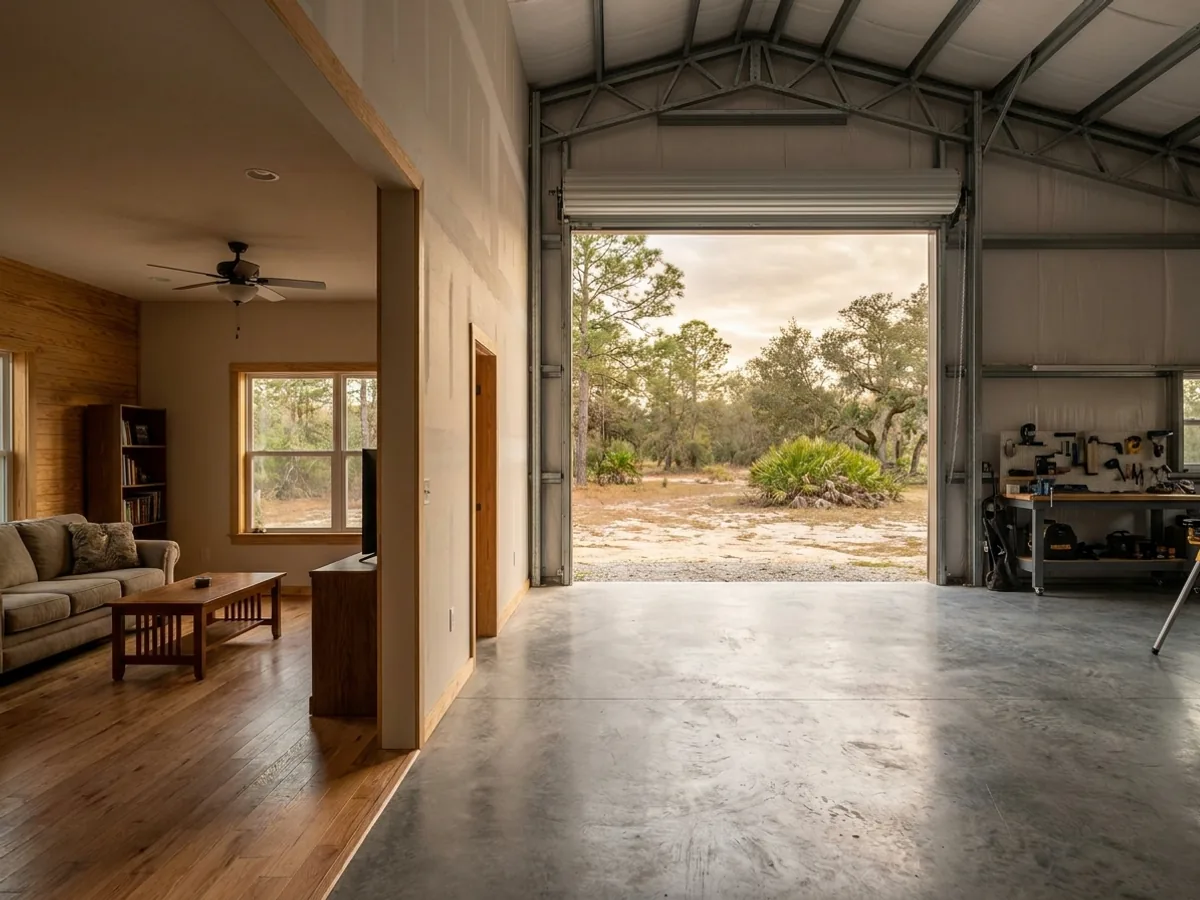 The interior of a shouse where a finished living area with warm flooring meets a shop bay with polished concrete and a tall roll-up door.