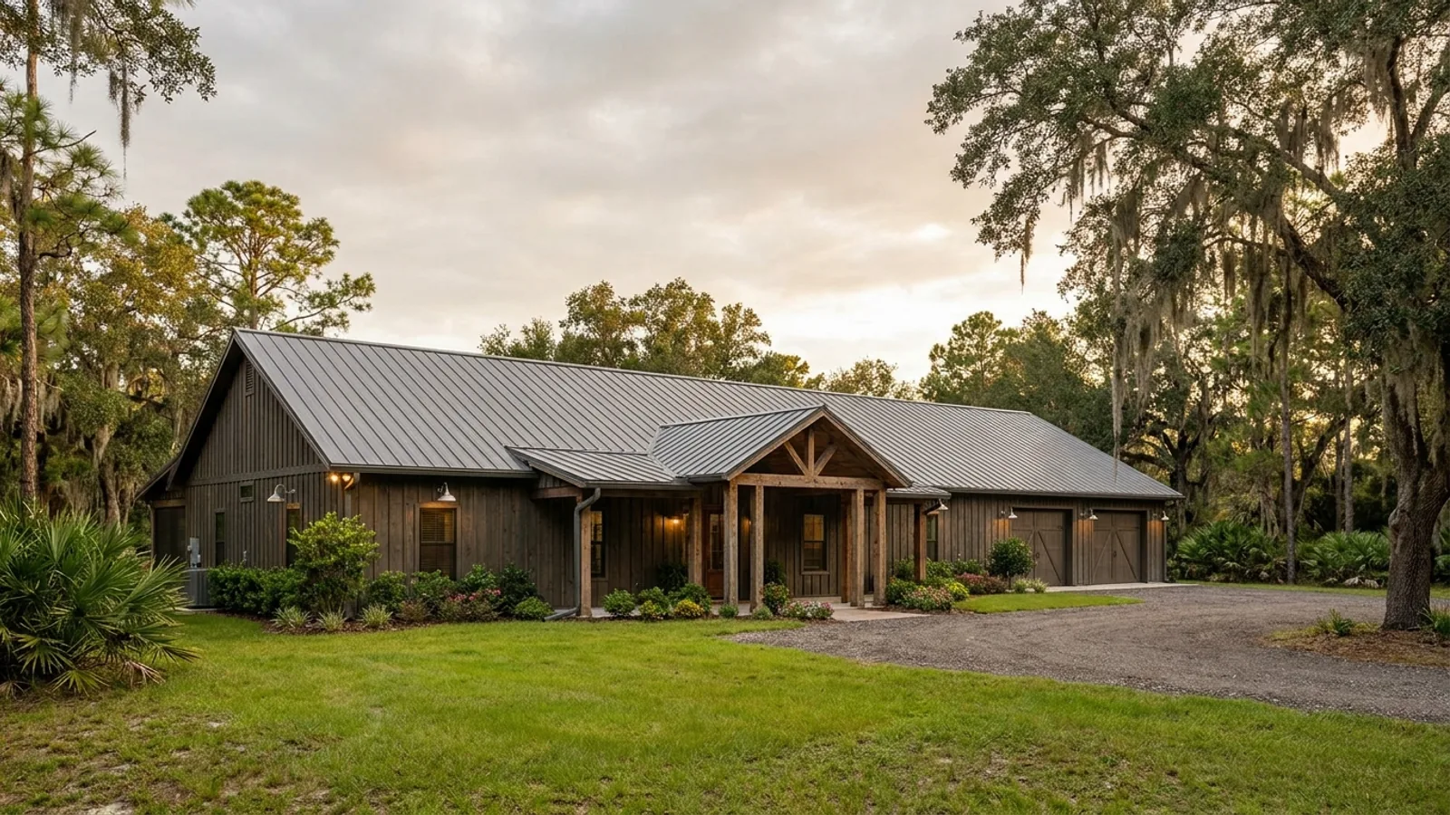 A completed single-story barndominium with a long, low roofline and no upper-level windows.