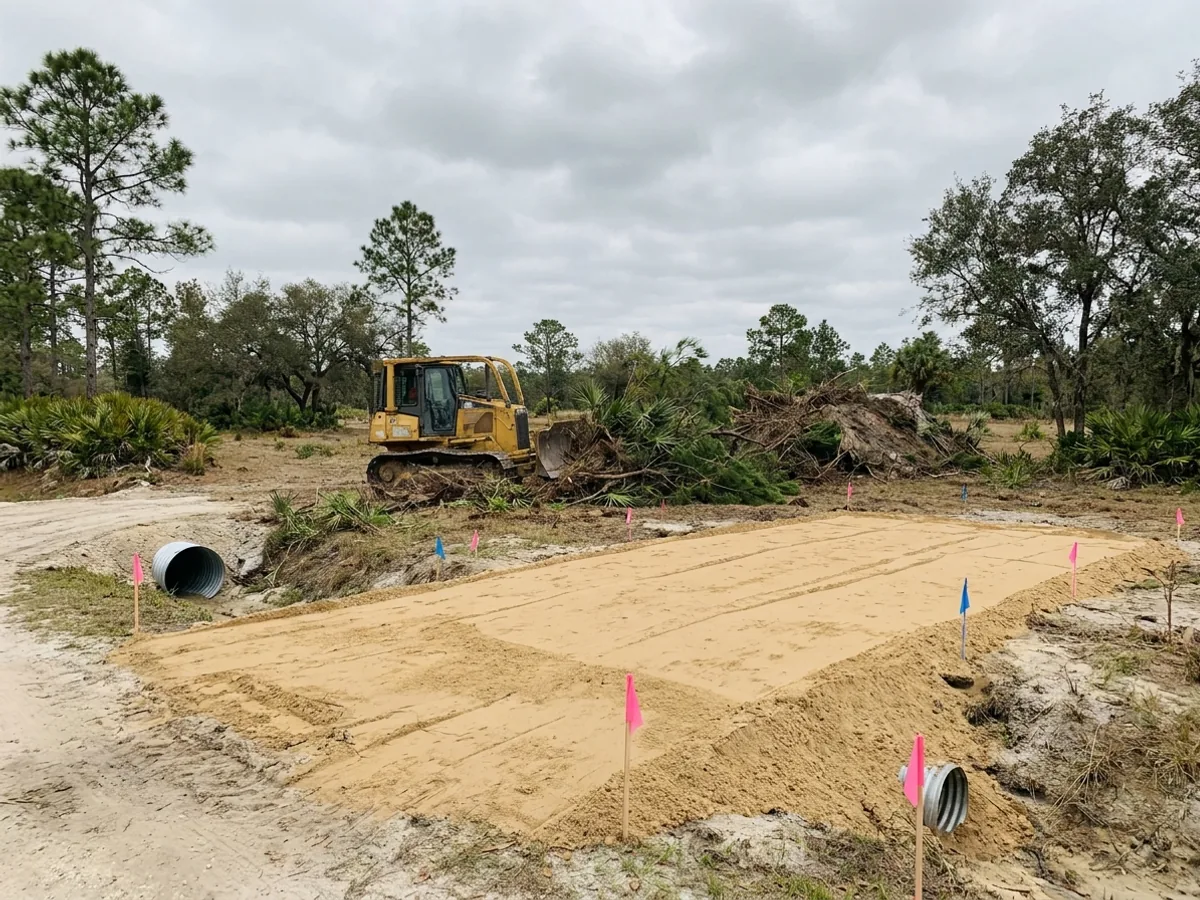 A dozer clearing vegetation on a rural parcel beside a compacted sand building pad, with a culvert set at the driveway entrance.