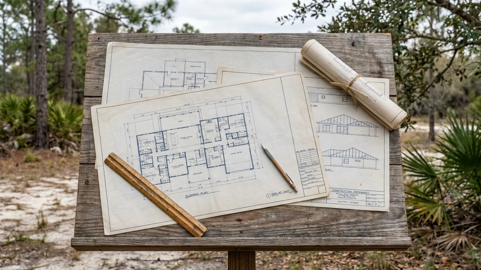 Overhead view of architectural floor plan and structural elevation drawings spread on a workbench with a scale ruler and pencil.